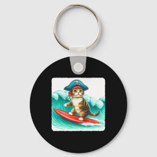 Surfing Cat With Pirate Hat On Surfboard. Waves Pl Keychain