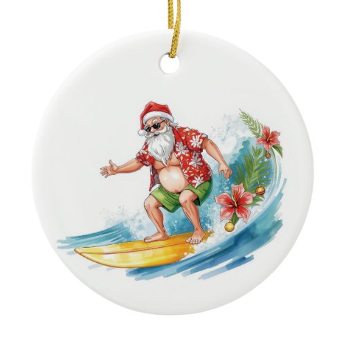 Surfing Christmas in Hawaii Tropical Santa Holiday Ceramic Ornament