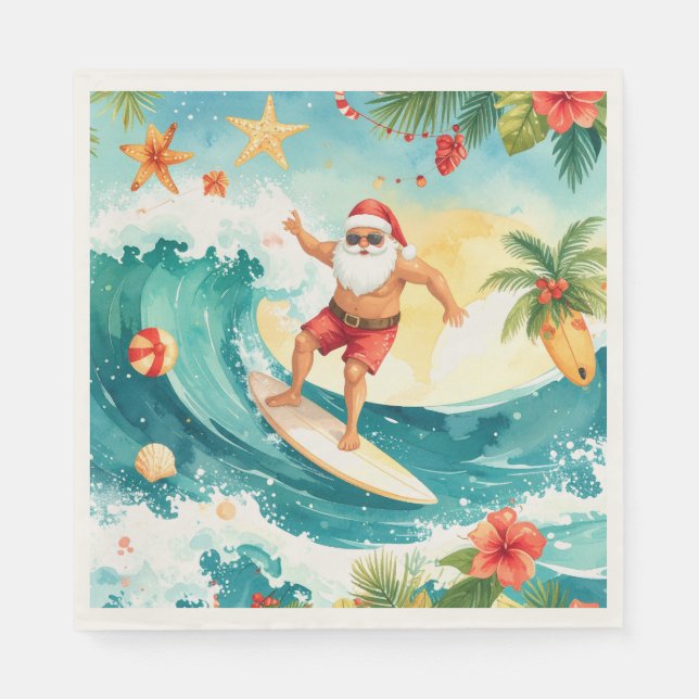 Surfing Christmas in Hawaii with Santa Claus  Napkins (Front)