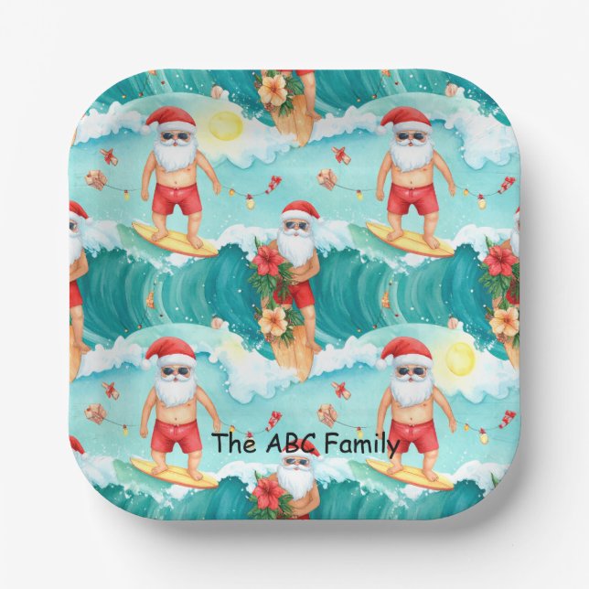Surfing Christmas in July with SANTA CLAUS   Paper Plates (Front)
