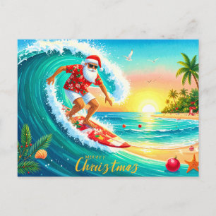 Surfing Christmas with Santa Claus Holiday Postcard