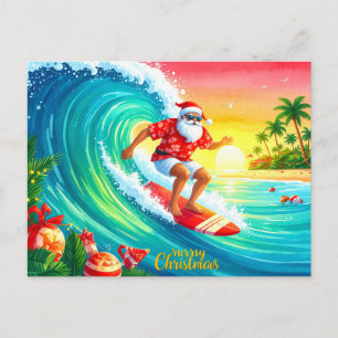 Surfing Christmas with Santa Claus Holiday Postcard