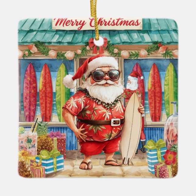 Surfing Christmas with Santa Claus surfer  Ceramic Ceramic Ornament (Front)