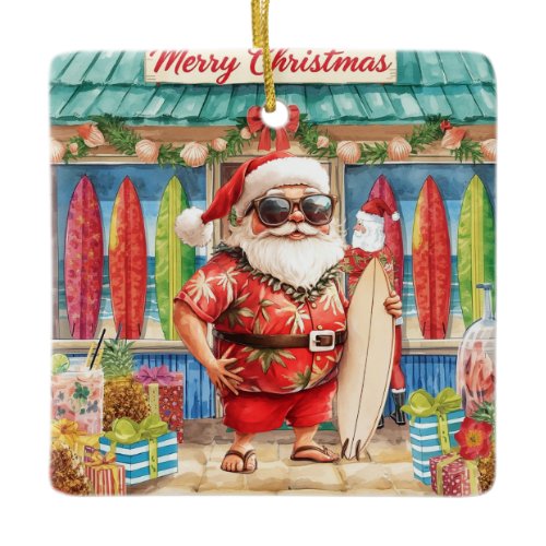 Surfing Christmas with Santa Claus surfer  Ceramic Ornament