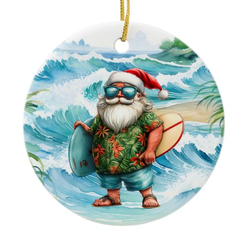 Surfing Christmas with Santa Claus surfer  Ceramic Ornament