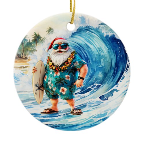 Surfing Christmas with Santa Claus surfer  Ceramic Ornament