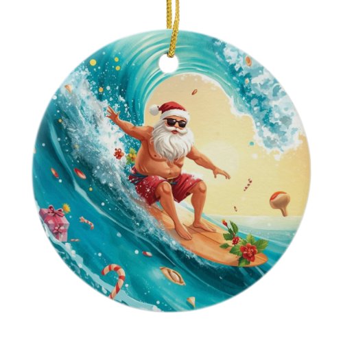 Surfing Christmas with Santa Claus surfer  Ceramic Ornament