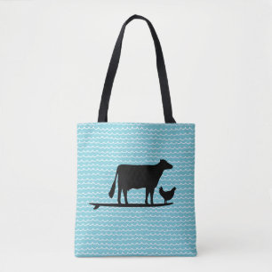 Surfing Cow and Chicken Beach Tote Bag