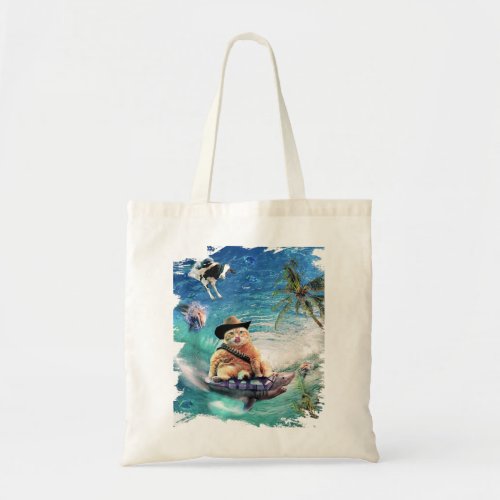 Surfing Cowboy Cat Riding Shark Tank Top Tote Bag