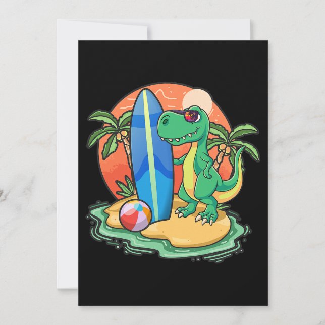 Surfing Dinosaur Funny Beach Vacation Animal Graph Invitation (Front)
