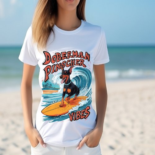 Surfing Doberman Pinscher Riding Tropical Wave T_Shirt