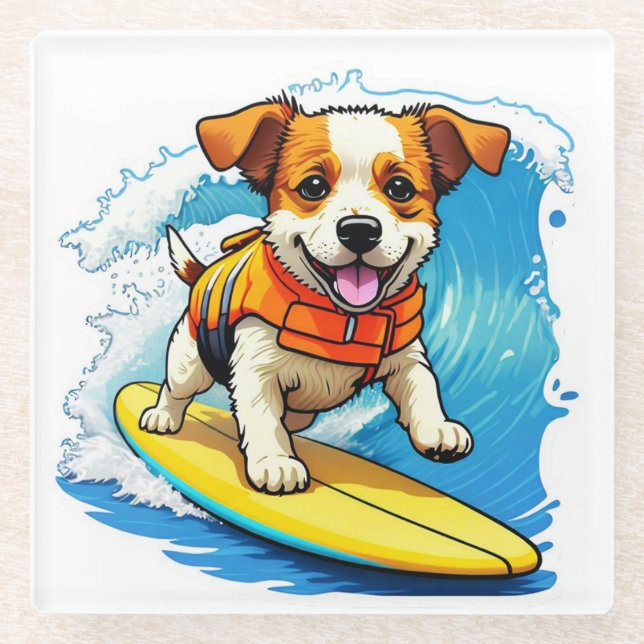 Surfing Dog Glass Coaster (Front)