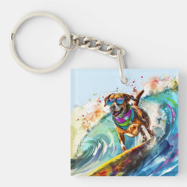 Surfing Dog – Summer Fun Beach Pup Illustration Keychain (Front)