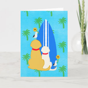Surfing Dogs with Seagulls and Flowers Card