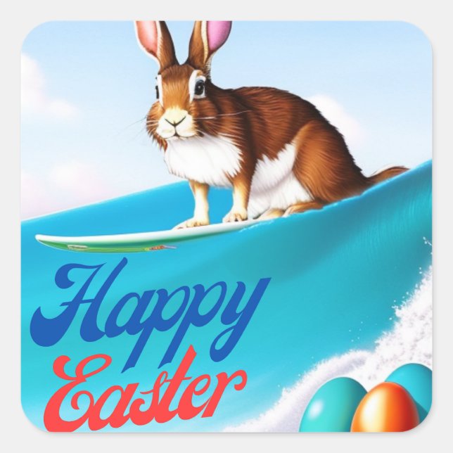 Surfing Easter Bunny Square Sticker (Front)