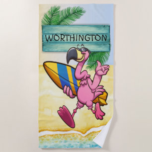 Surfing Flamingo Beach Towel