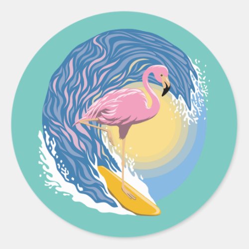 Surfing Flamingo Graphic Illustration Classic Round Sticker