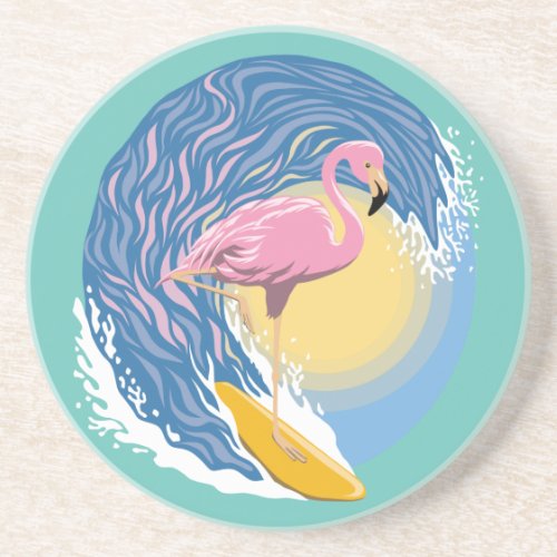 Surfing Flamingo Graphic Illustration Coaster