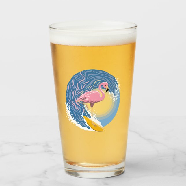 Surfing Flamingo Graphic Illustration Glass (Front Filled)