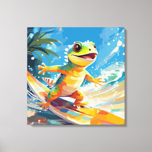 Surfing Gecko Riding The Waves Canvas Print