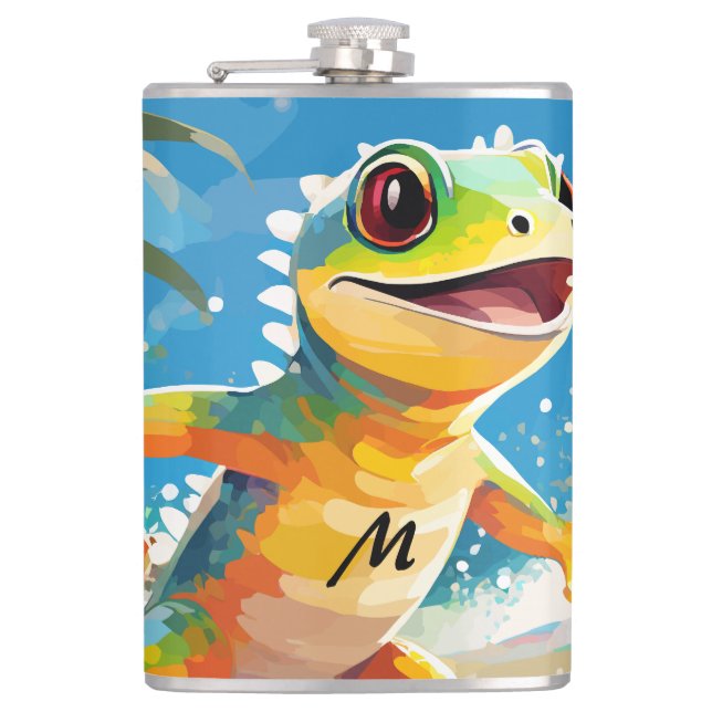 Surfing Gecko Riding The Waves Flask (Front)