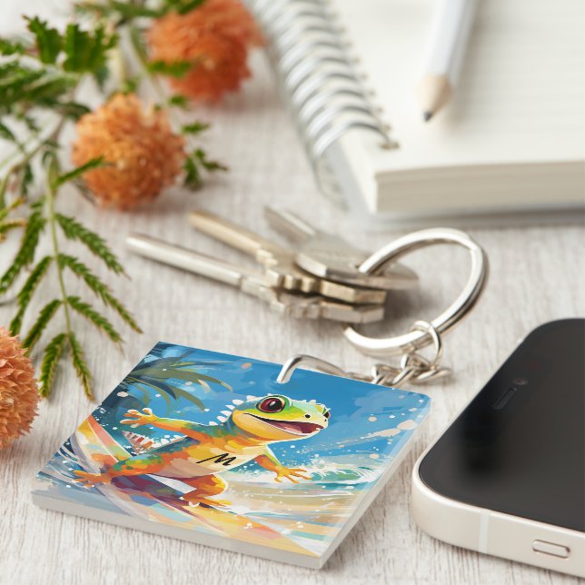 Surfing Gecko Riding The Waves Keychain (Front Right)