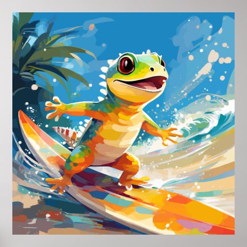 Surfing Gecko Riding The Waves Poster