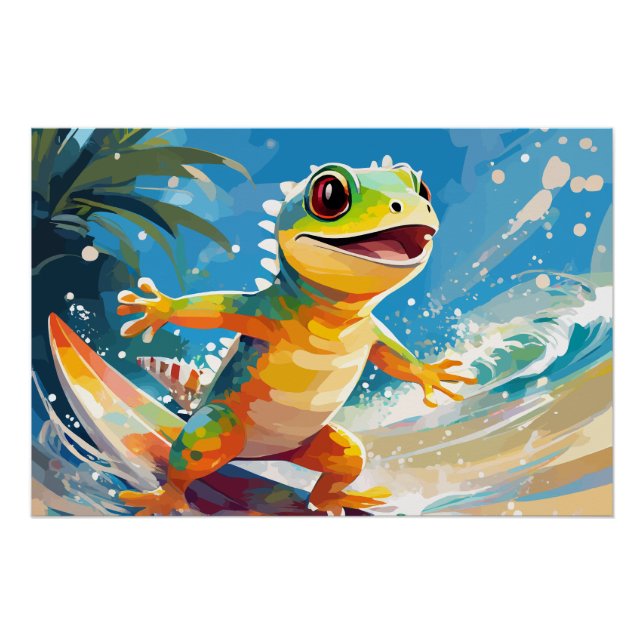 Surfing Gecko Riding The Waves Poster (Front)