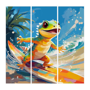Surfing Gecko Riding The Waves Triptych
