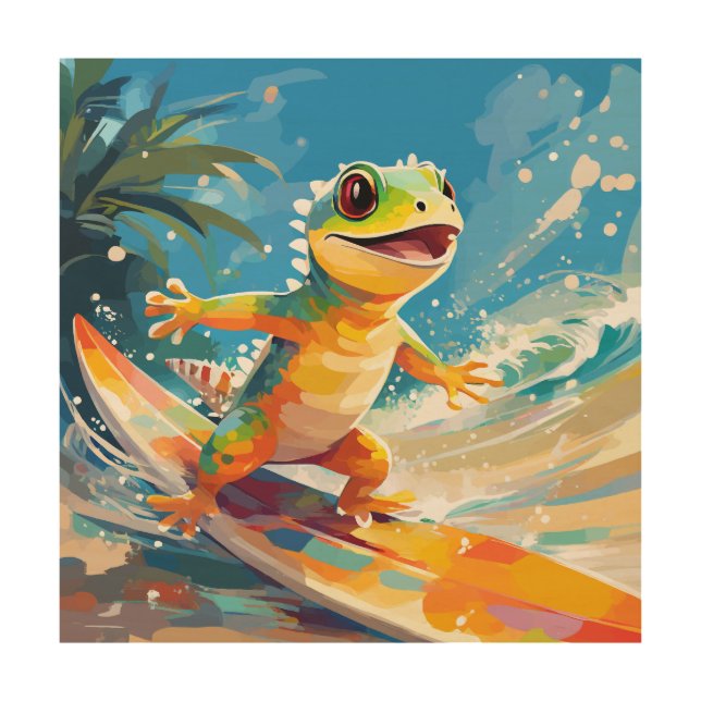 Surfing Gecko Riding The Waves  Wood Wall Art (Front)