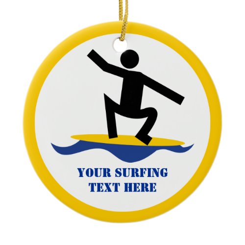 Surfing gifts, surfer on his surfboard custom ceramic ornament