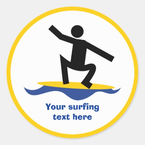 Surfing gifts surfer on his surfboard custom classic round sticker