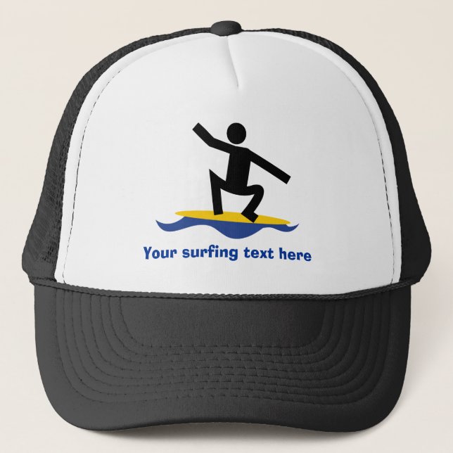 Surfing gifts, surfer on his surfboard custom trucker hat (Front)