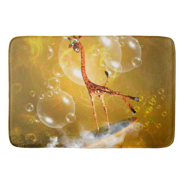 Surfing giraffe bath mat | Zazzle