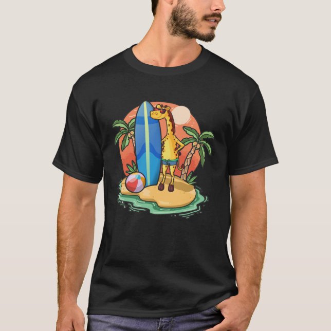 Surfing Giraffe  Beach Vacation Animal Graphic T-Shirt (Front)