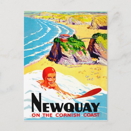 Surfing girl at Newquay beach Cornwall vintage Postcard