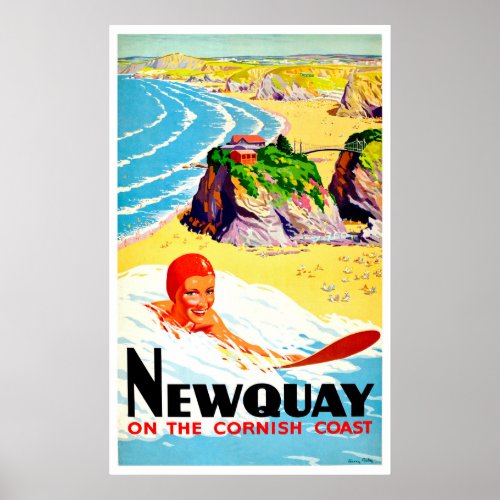 Surfing girl at Newquay beach Cornwall vintage Poster