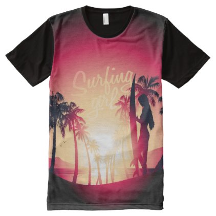 Surfing girl at sunrise All-Over-Print T-Shirt