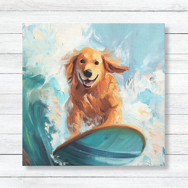 Surfing Golden Retriever Coastal Kids Art Canvas Print (Kids Coastal Decor Wall Art Canvas - Golden Retriever Dog Surfing a Blue Wave)