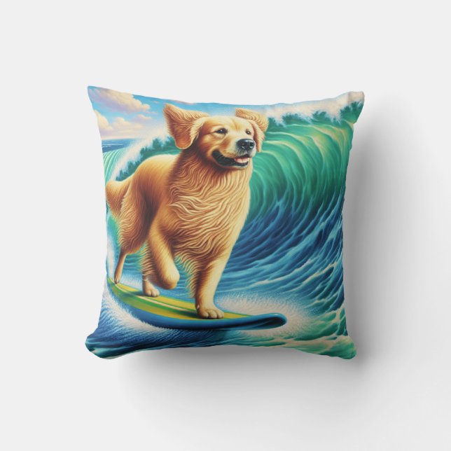 Surfing Golden Retriever Throw Pillow (Front)
