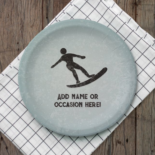Surfing guy riding wave - your text on masculine  paper plates (Creator Uploaded)
