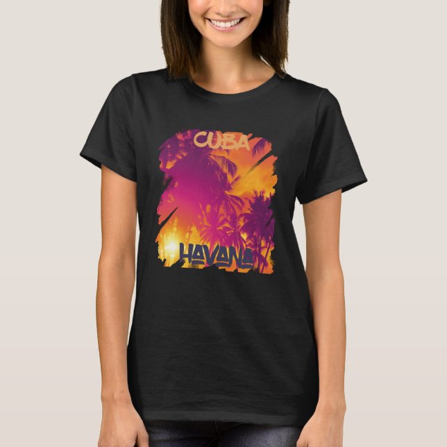 Surfing Havana Vacation Cuba Palm tree Beach Ocean T-Shirt (Front)