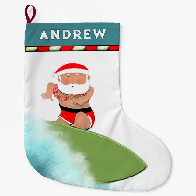 Surfing Hawaii Large Christmas Stocking (Front)