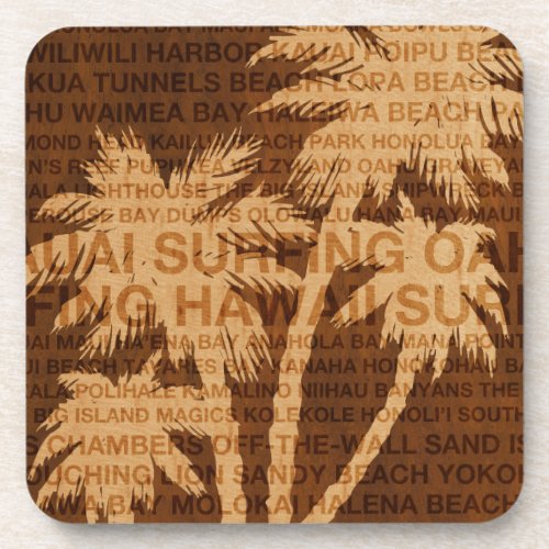 Surfing Hawaii Palm Trees Faux Wood Coasters