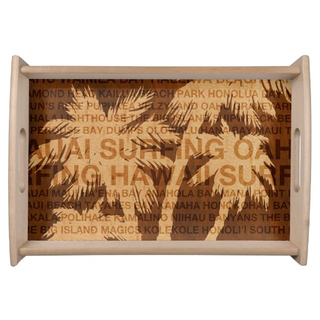 Surfing Hawaii Palm Trees Faux Wood Serving Tray (Front)