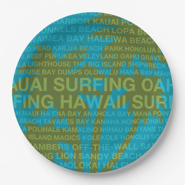 Surfing Hawaii Palm Trees Hawaiian Tropical Paper Plates (Front)