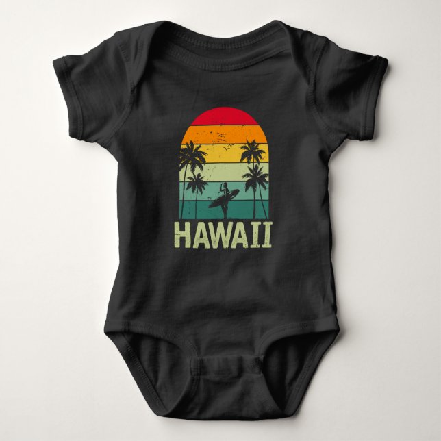 Surfing Hawaii Surfboard Retro Wave Surfer Baby Bodysuit (Front)