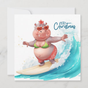 Surfing Hippo Bikini Christmas  Holiday Card