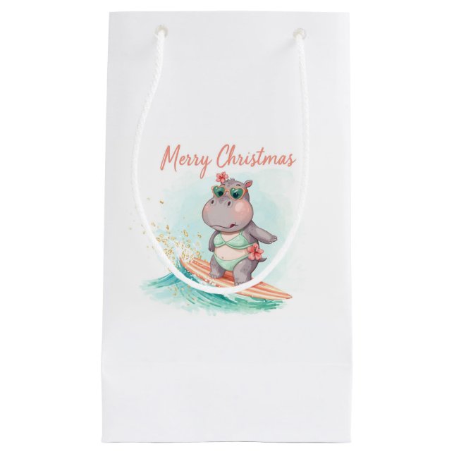Surfing Hippo Bikini Christmas  Small Gift Bag (Front)