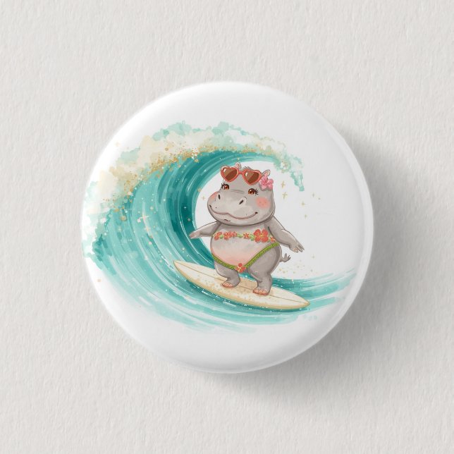Surfing Hippo Christmas Bikini on big wave Button (Front)